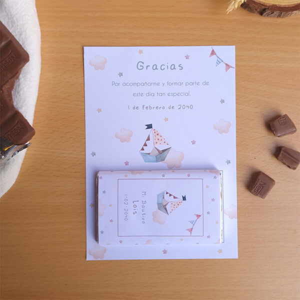 chocolatina personalizada bautizo diseño Barco de papel con tarjeta de agradecimiento