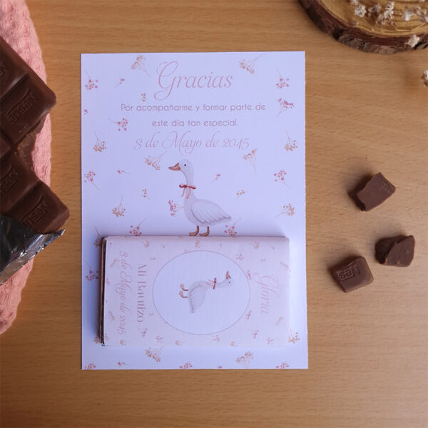 chocolatina personalizada bautizo diseño pequeña patita con tarjeta de agradecimiento