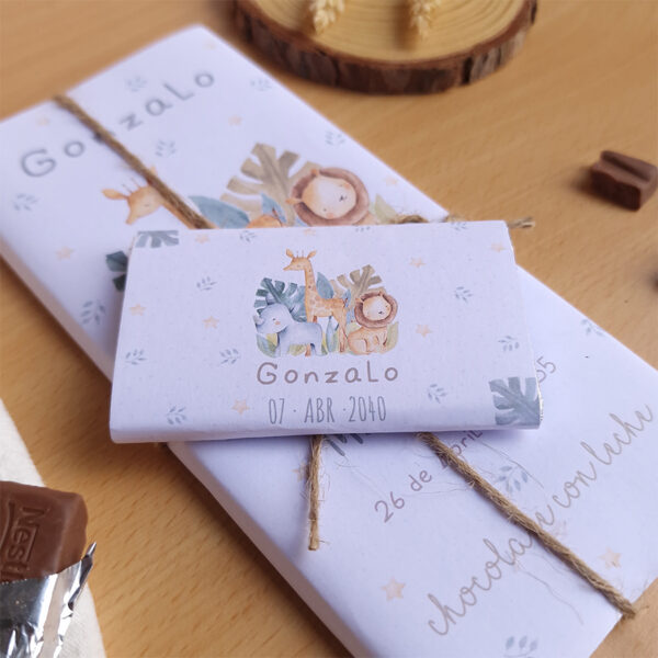 chocolatina personalizada bautizo diseño safari con envoltorio exclusivo