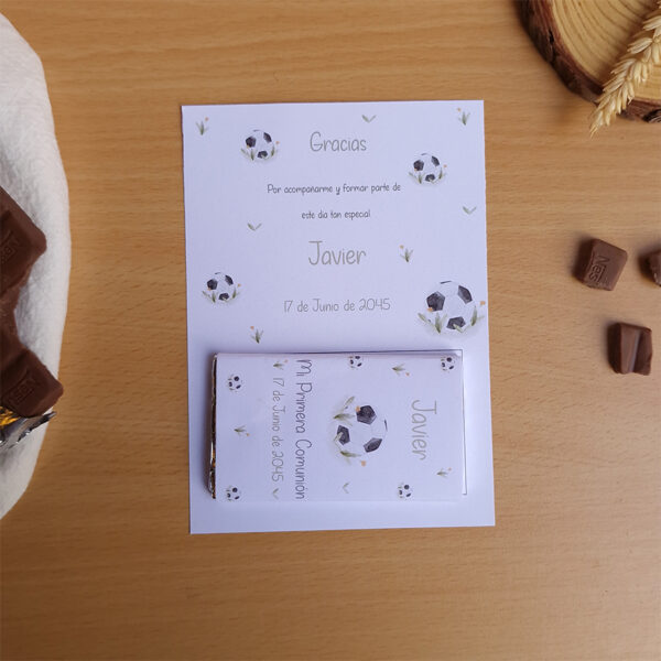 chocolatina personalizada comunión diseño futbol con tarjeta de agradecimiento