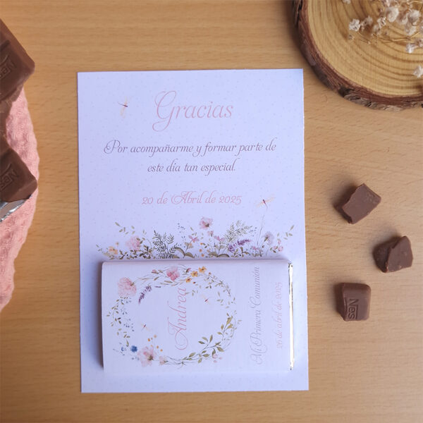 chocolatina personalizada comunión diseño libélula con tarjeta de agradecimiento