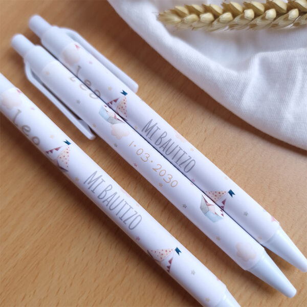 detalles del bolígrafo personalizado del bautizo diseño barco de papel