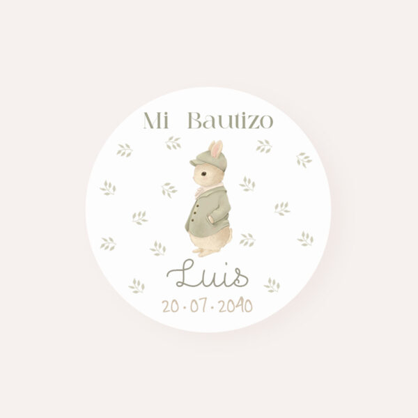 Pack Etiquetas y Pegatinas personalizadas para bautizo con el diseño pequeño conejo