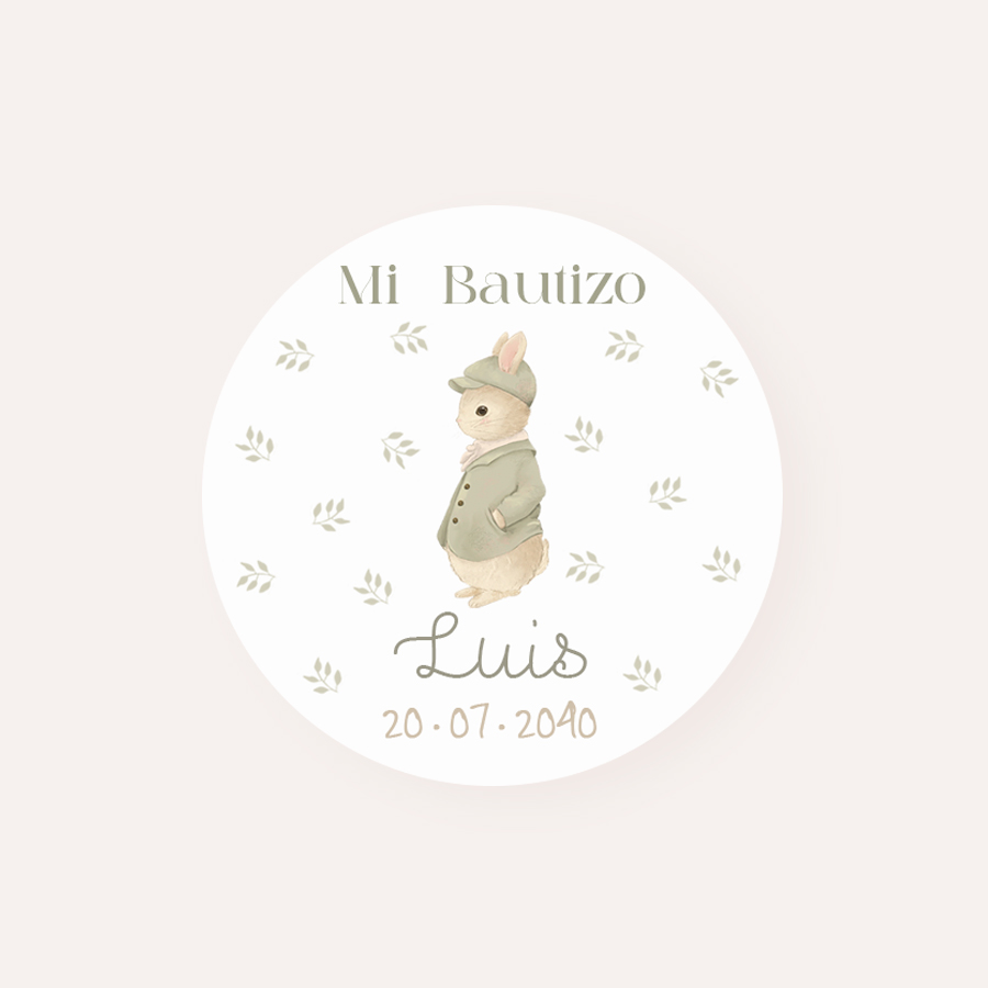 Pack Etiquetas y Pegatinas personalizadas para bautizo con el diseño pequeño conejo