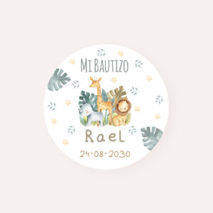 Pack Etiquetas y Pegatinas personalizadas para bautizo con el diseño Safari