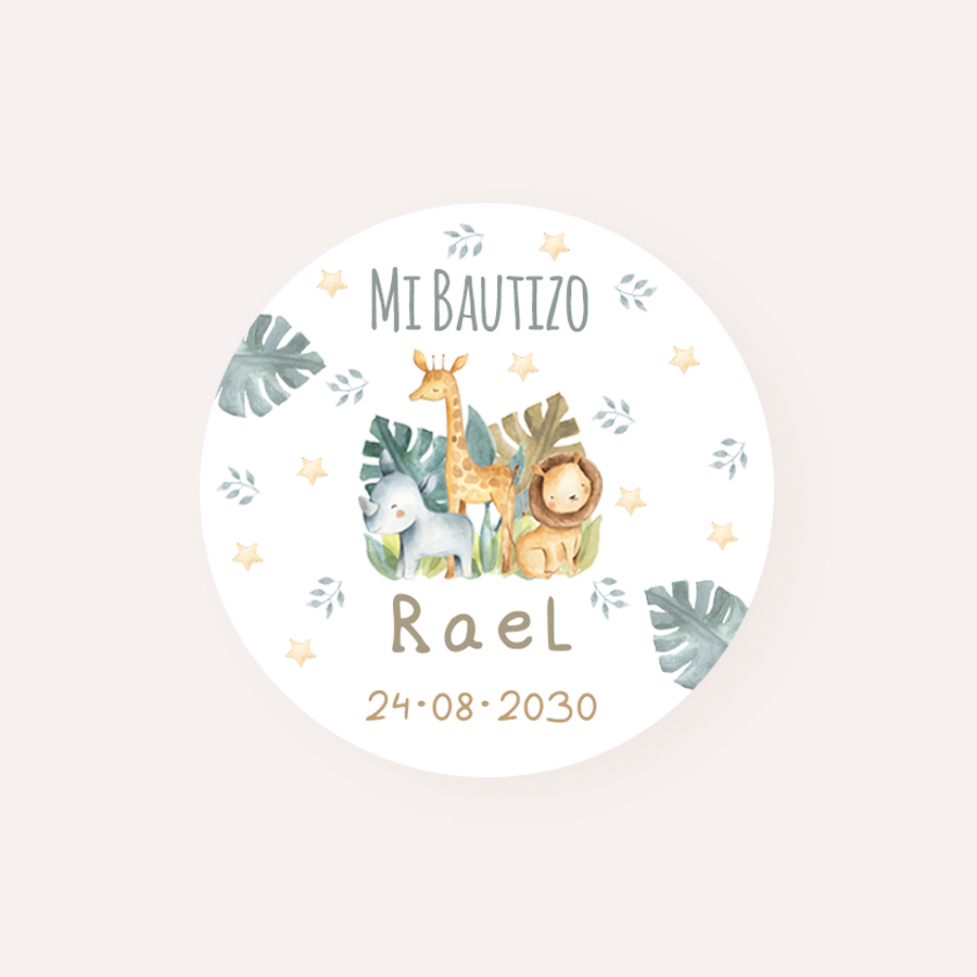 Pack Etiquetas y Pegatinas personalizadas para bautizo con el diseño Safari