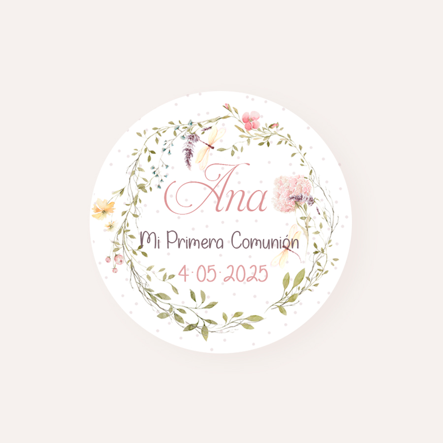 Pack Etiquetas y Pegatinas personalizadas para comunión con el diseño libélulas