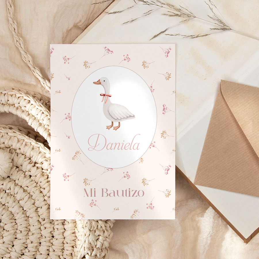 Invitación de papel personalizado de bautizo con el diseño pequeña patita parte delantera