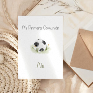 Invitación de papel personalizado de Comunión con el diseño fútbol parte delantera
