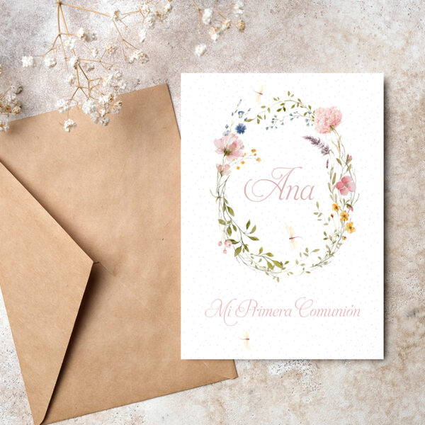 Invitación de papel personalizado de Comunión con el diseño libélula parte delantera