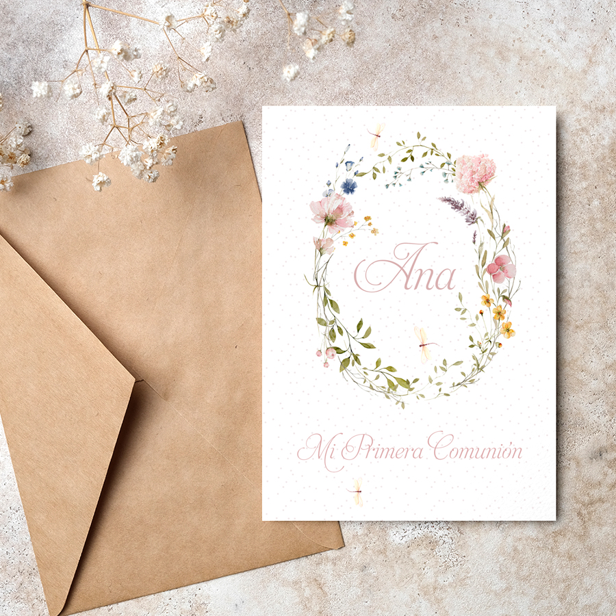 Invitación de papel personalizado de Comunión con el diseño libélula parte delantera