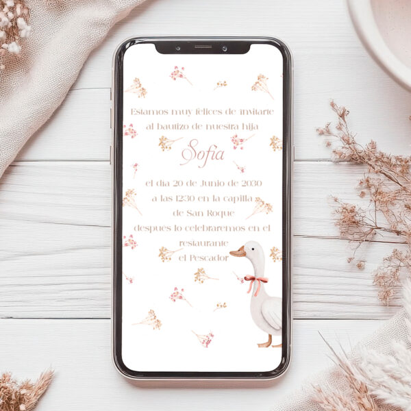 Invitación digital de bautizo con el diseño de pequeña patita