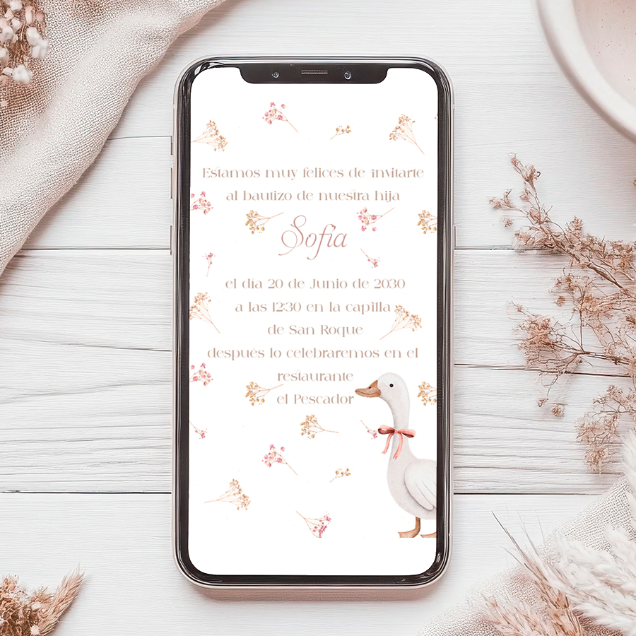 Invitación digital de bautizo con el diseño de pequeña patita