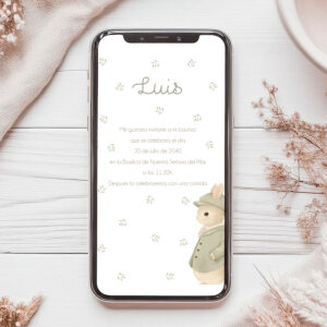invitación digital personalizada para bautizo pequeño conejo