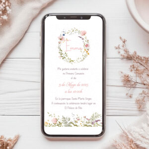Invitación digital primera comunión diseño libélula