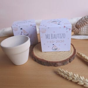 kit plantable con el diseño barco de papel para bautizo vista parte superior de la caja