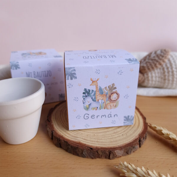 caja personalizada lateral del kit plantable diseño safari para bautizo