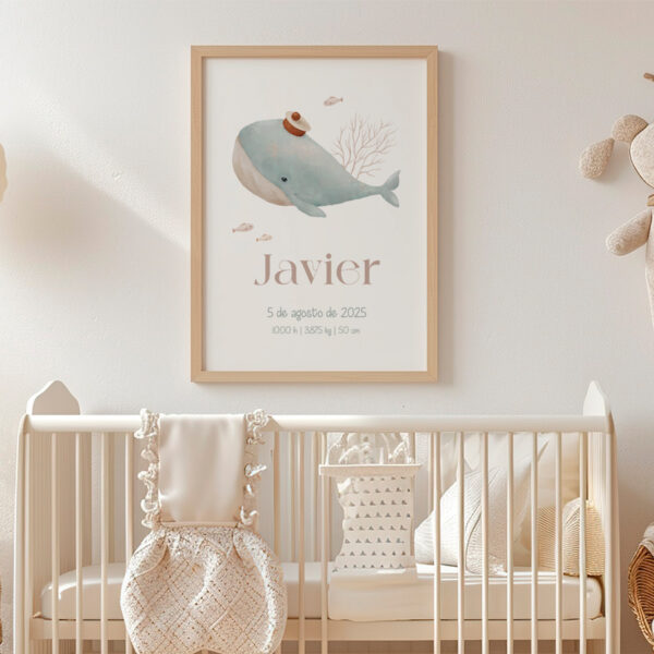 lámina infantil personalidad ballena en habitación de un bebé