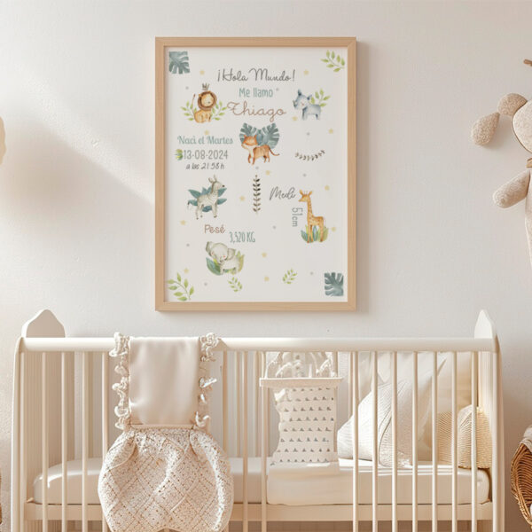 Lámina de nacimiento personalizada diseño Safari Habitación bebé