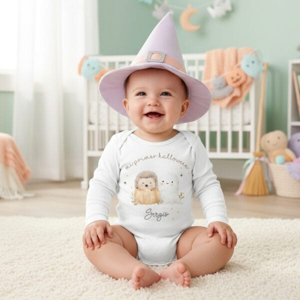 Bebé con body personalizado de halloween con erizo y fantasmita