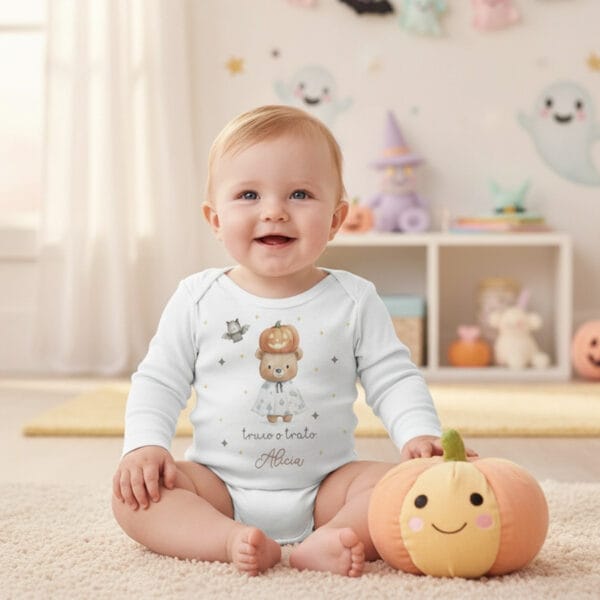 Bebé con body personalizado de halloween con un osito disfazado de fantasma y un murcielago