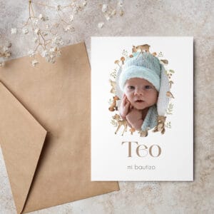 Invitación personalizada para bautizo Diseño Bosque con foto de tu peque