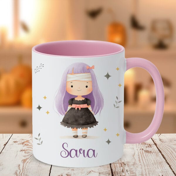 Taza personalizada halloween niña con el interior y el asa en rosa