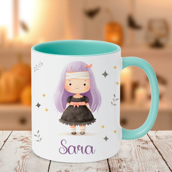Taza personalizada halloween niña con el interior y el asa en verde mint
