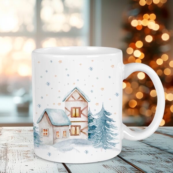 Taza navideña personalizada con el diseño casitas nevadas Lado del diseño