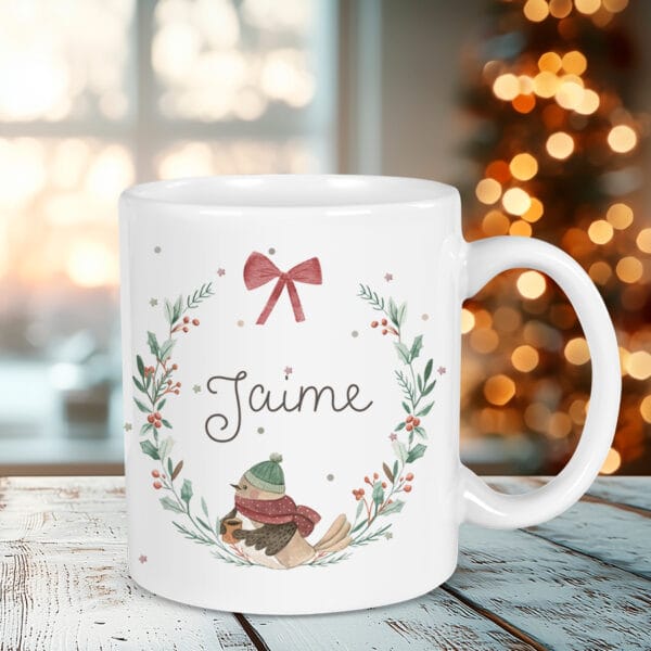 Taza navideña personalizada con el diseño pajarito navidad Lado del diseño