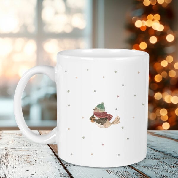 Taza navideña personalizada con el diseño pajarito navidad