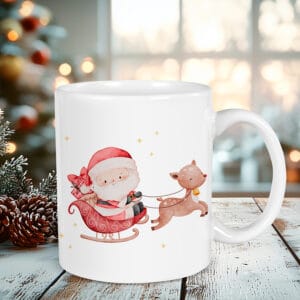 taza personalizada navideña con papa noel en trineo
