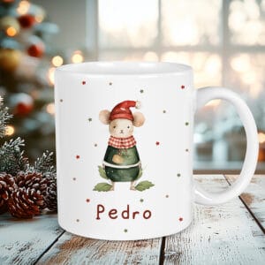 Taza navideña personalizada con el diseño ratoncito navideño
