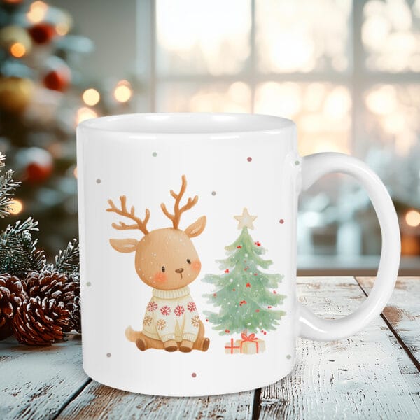 Taza navideña personalizada con el diseño de un reno junto con un arbol de navidad