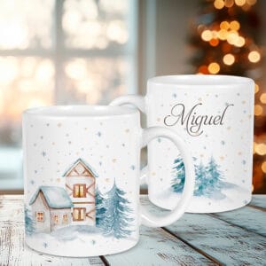 Taza navideña personalizada con el diseño casitas nevadas
