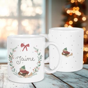 Taza navideña personalizada con el diseño pajarito navidad