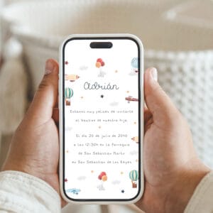 Invitación digital para bautizo con el diseño globos