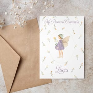Invitación comunión en papel con diseño Hada
