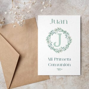Invitación comunión en papel con diseño Hojas