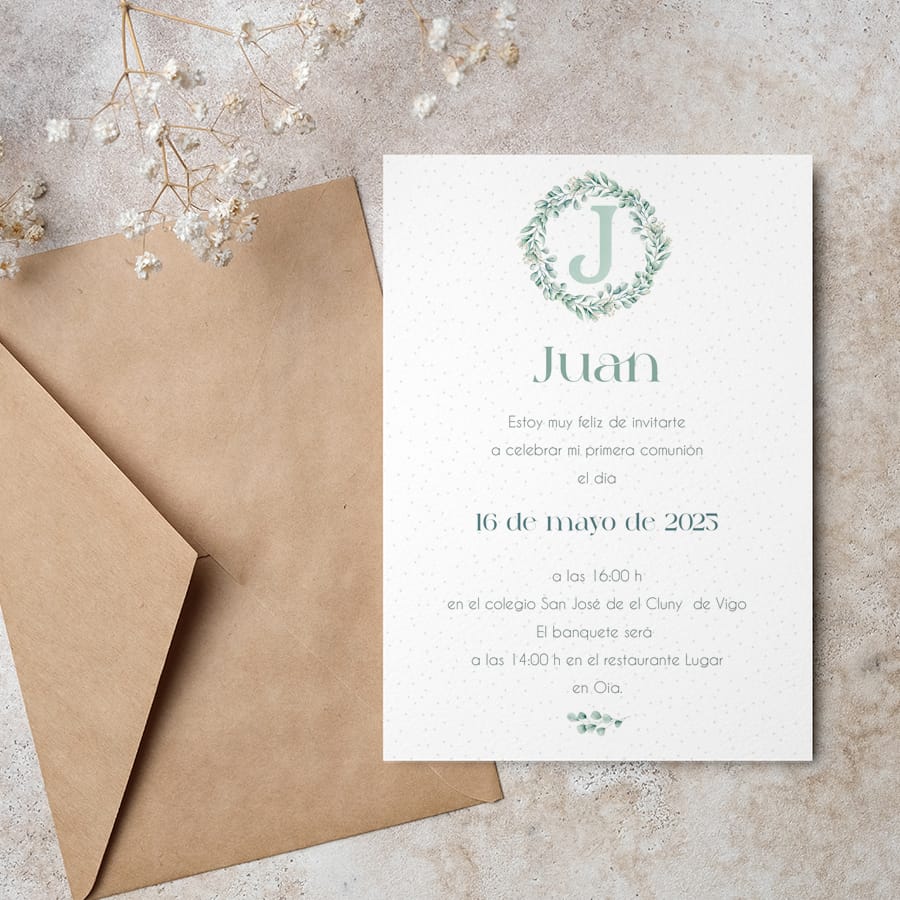 Parte Trasera de la invitación comunión en papel con diseño Hojas