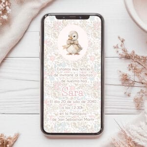 Invitación digital personalizada para bautizo con el diseño patito