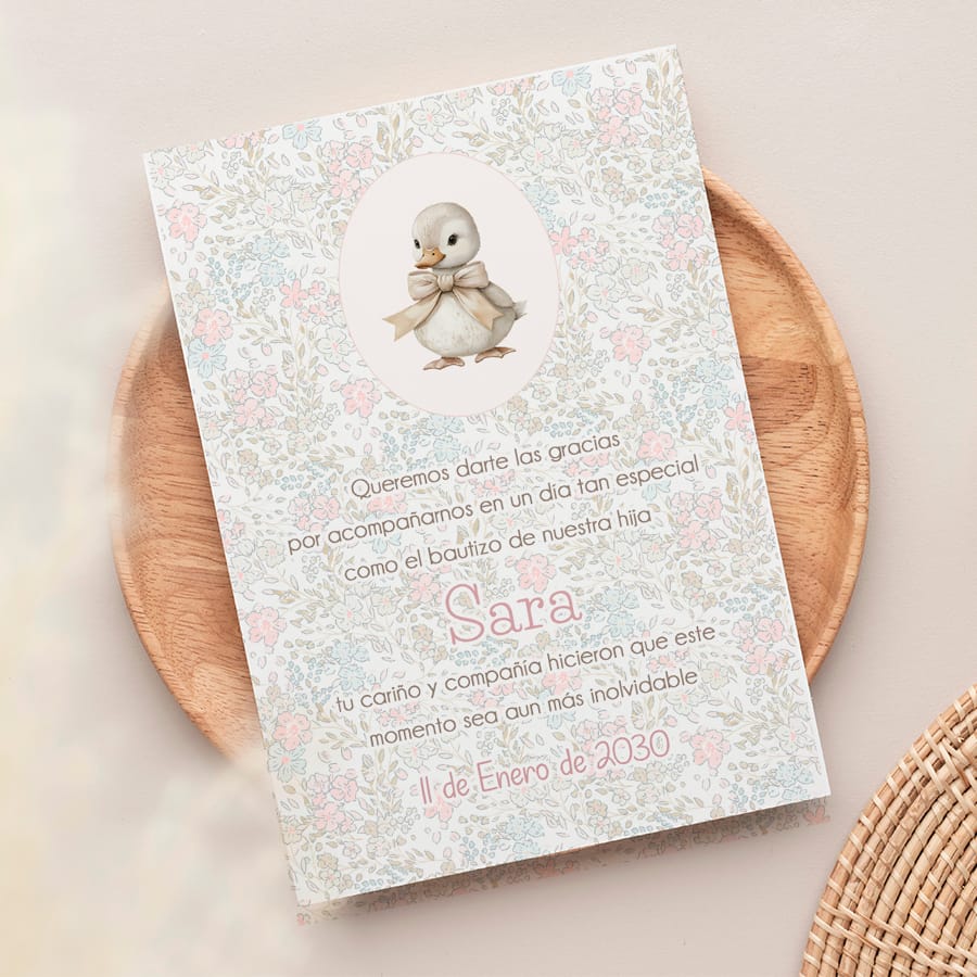 Recordatorio personalizado para bautizo con el diseño Patito.